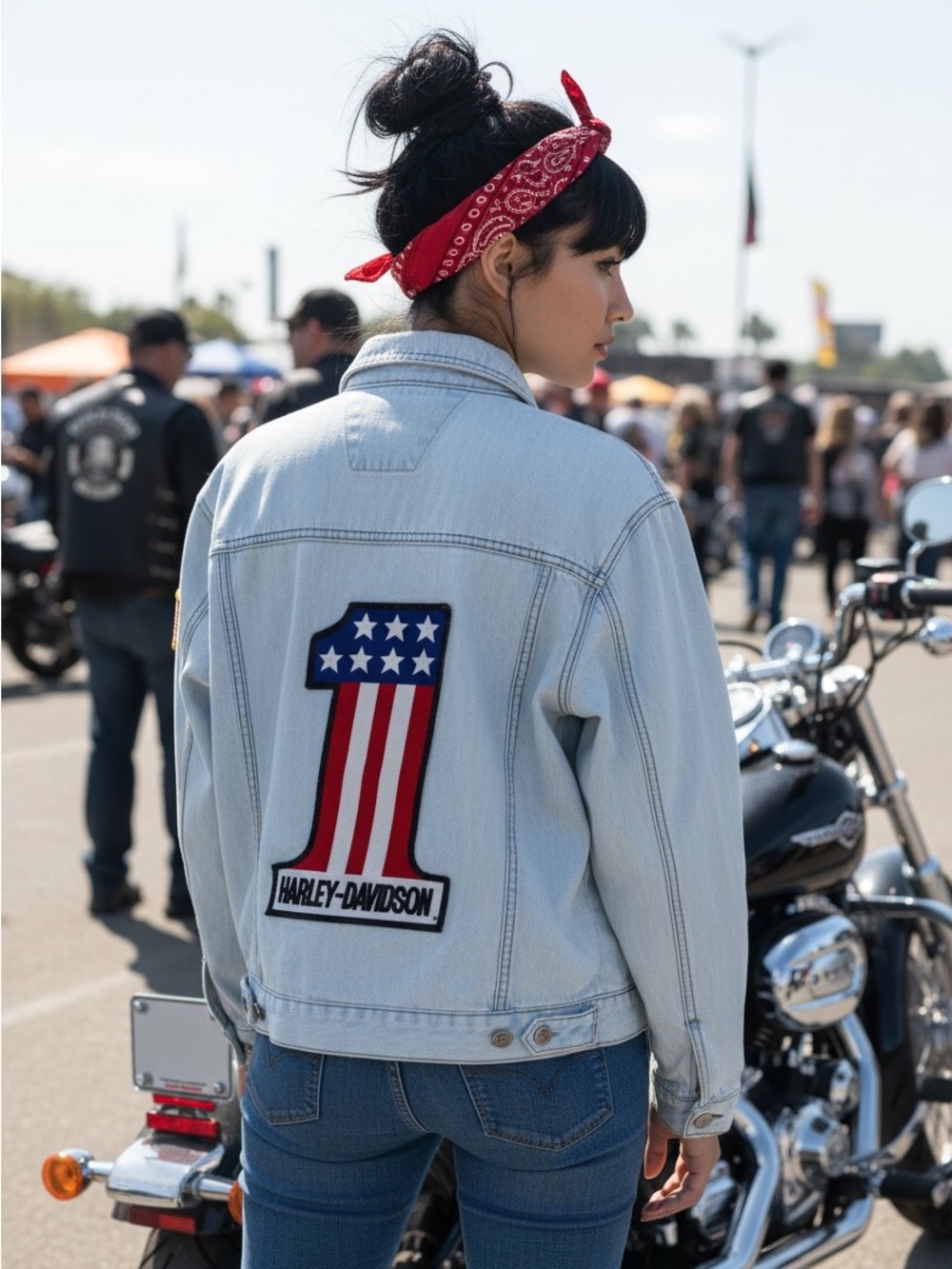 Vintage Harley Davidson Denim Jacket Small #1 Flag Patch Light Wash USA 90s Rare